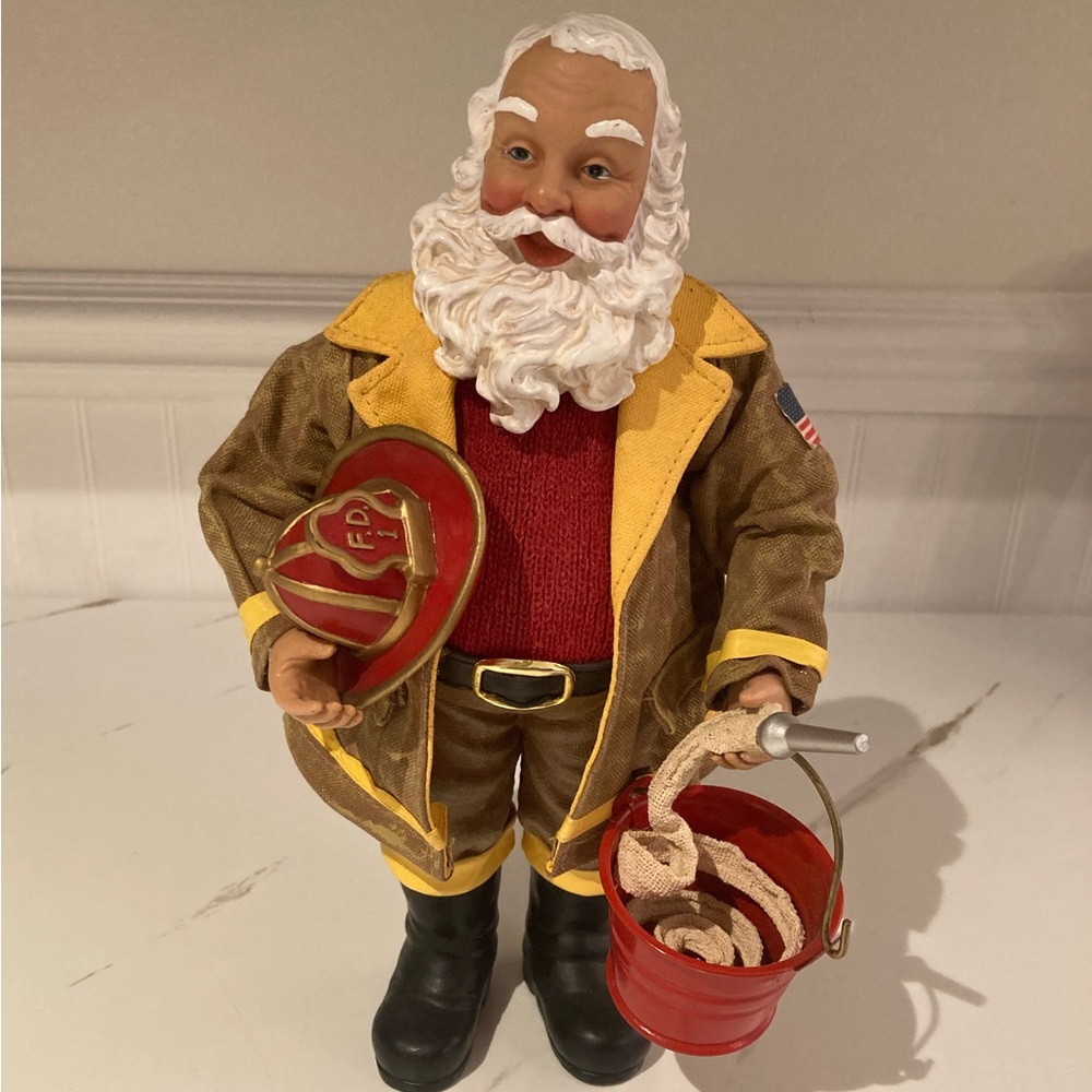 Vintage Santa Firefighter Figure Fabric Mache Resin Christmas Collectible
